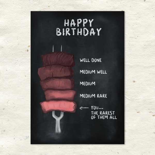 Male birthday card, female birthday card, birthday humour, rare steak, birthday card, son birthday card