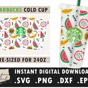 24oz Venti Kalte Tasse Gemischte Sommer Frucht Melone Digital Download Full Wrap SVG, PNG, EPS und DXf Dateien für Cricut, Silhouette & andere