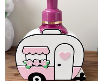 Pink Camper Soap Dispenser Holder | Cute Bathroom Decor | Farmhouse Camper Sink Organizer | Floral RV Soap Bottle Stand | Trailer Bathroom