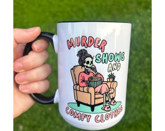 True Crime Lover Mug – ‘Murder Shows & Comfy Clothes’ Skeleton Design – 11oz Funny Coffee Cup Gift for Crime Show Fans