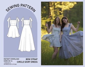 Kreisrock Kleid mit Schleife Riemen Mini und Midi Länge mit Taschen Standard und erweiterte Büste Versionen Digitales PDF Schnittmuster Grössen 00-14
