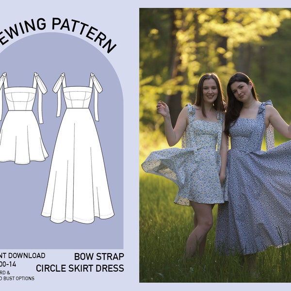 Bow Strap Circle Skirt Dress Mini and Midi Length with Pockets Standard and Extended Bust Versions Digital PDF Sewing Pattern Sizes 00-14