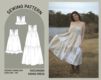 Patchwork Swing Dress Sewing Pattern PDF size XXS - XXL