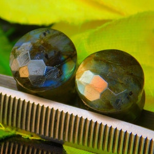 Pair of plugs,  Labradorite Faceted Gem Football Cut Stone Double Flared Plugs Concave Stone Saddle Plug Beautiful Pair  10mm to 40mm