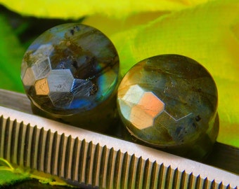 Labradorite Faceted Gemstone Plugs: Concave Stone Saddle, 10mm-40mm