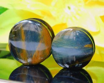 Natural Blue Tiger Eye Stone Concave Top Double Flared Plugs  Natural Organic (Pair)