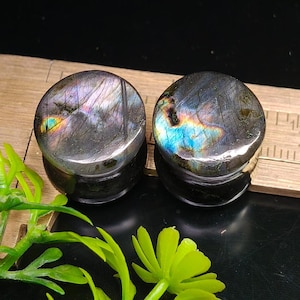 May include: Two round, dark gray labradorite plugs with iridescent flashes of blue, purple, and yellow. The plugs are displayed on a wooden surface with a ruler and green foliage in the foreground. These plugs are for stretched ear piercings.