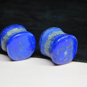 May include: Two blue lapis lazuli ear plugs. The plugs have a rounded shape with a flat front and back. The stone has a deep blue color with streaks of lighter blue and gray.
