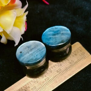 May include: Two circular ear plugs made of dark blue and black stone with a polished finish. The plugs are positioned next to a metal ruler showing a diameter of approximately 0.75 inches for each piece, with a visible grain pattern on the surface.
