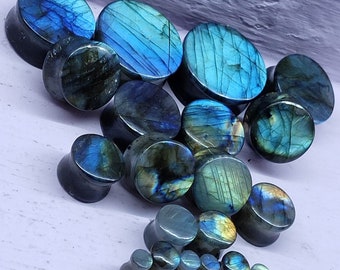 Concave Face Labradorite Plugs With Double Flared Saddle,Stone Plugs Gauges,Convex & Concave   4mm to 30mm