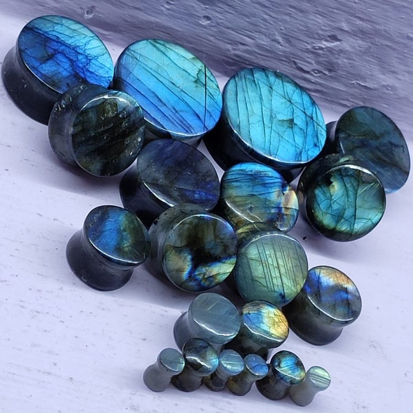 Bouchons en labradorite à face concave avec double évasement, bouchons en pierre de calibre, convexes et concaves de 4 mm à 30 mm