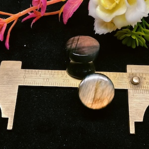 May include: Two circular ear plugs made of polished stone with iridescent brown and grey tones. A brass caliper is positioned behind the plugs, showing a diameter measurement of approximately 0.75 inches for the circular face of the jewelry.