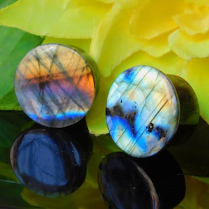 Single Flare Labradorit Plugs mit Single Flare Sattel, Stein Plugs Gauges, Paar Größe 4 mm bis 30 mm