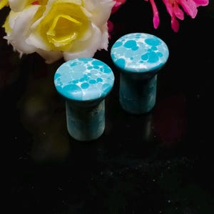 May include: A pair of cylindrical ear plugs with a flat, circular top surface featuring a speckled pattern of light blue and white dots. The body of each plug is a solid, smooth turquoise blue colour, contrasting with the patterned top surface.