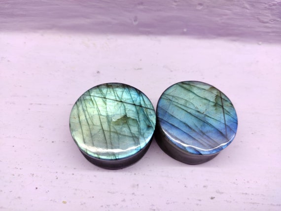 Tunnels D'oreille 12 Mm – Pierre Naturelle Labradorite, Double Flare, Couleur Feu