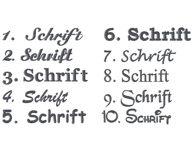 K&ouml;nnte beinhalten: Auf wei&szlig;em Hintergrund sind zehn verschiedene Schriftarten des Wortes "Schrift" in Grau dargestellt, nummeriert von eins bis zehn. Die Schriftarten variieren von kursiv bis Blockbuchstaben und zeigen eine Auswahl an Designoptionen.
