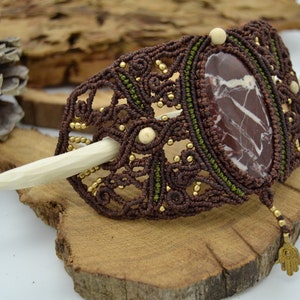 Hair clip ~ Forest Queen ~ Micromacrame hair clip with hand-carved wooden stick and stone cabochon, vegan