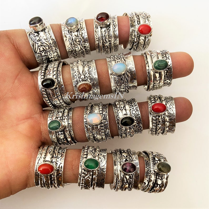 Multi Mix Gemstone Spinner Ring 925 Silver Plated Ring Bulk - Etsy