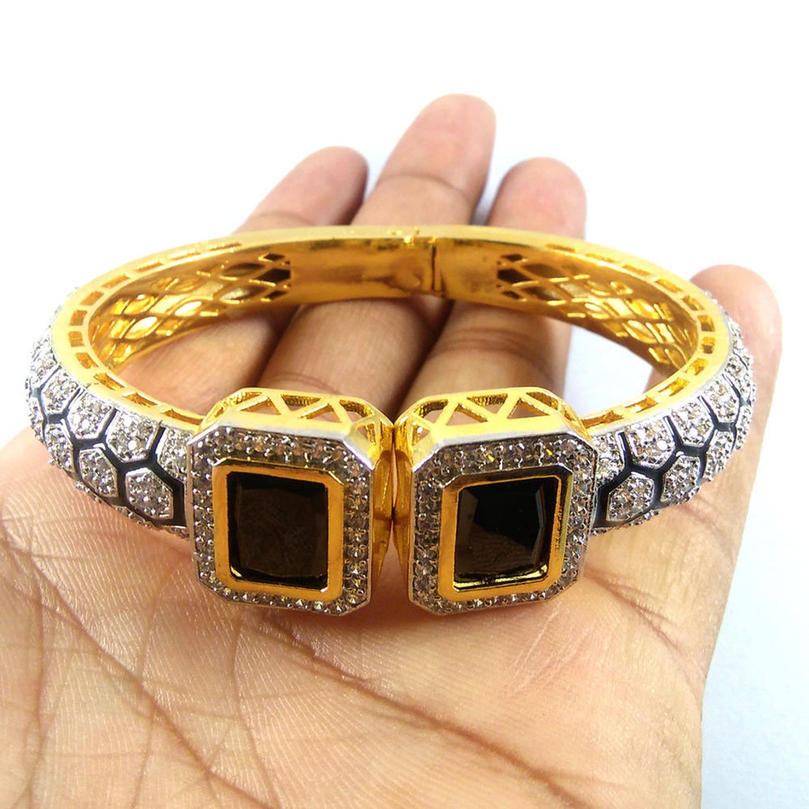 Black Onyx Beautiful Cuff Bangle Bracelet 24k Gold Plated Etsy