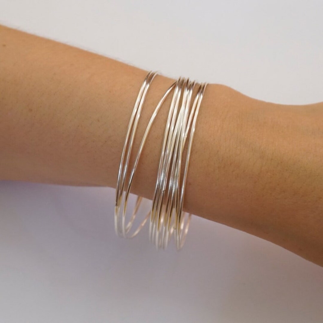 Dainty Thin 1.3mm Round Sterling Silver Bangle Set Set of 7 Etsy