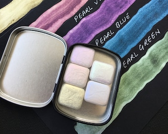 Set de acuarelas artesanales, acuarelas de mica iridiscente: medias pastillas o cuartos de pastilla.