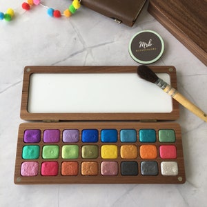 Handmade Watercolor Wooden Palette, 24 Quarter Pan Wooden Palette, Mica/Pearlescent/Metallic Watercolors, Personalize By Choosing the Colors