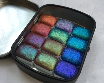 Handmade Colorshift Watercolor Paint Set: 12 Chameleon Pigments