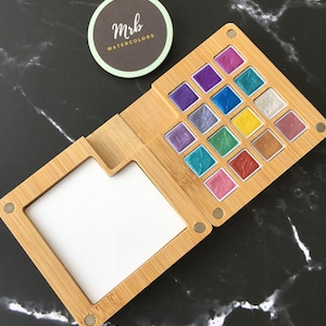 Scegli i tuoi colori, mini tavolozza in legno per acquerelli metallici fatti a mano - mini vasetti da 0,5 ml