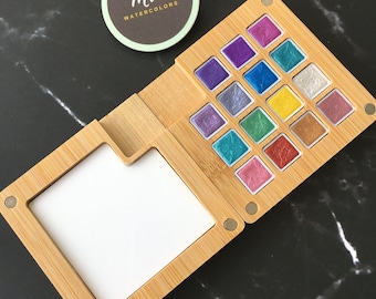 Elige tus colores, acuarelas metálicas hechas a mano, mini paleta de madera - Mini bandejas de 0,5 ml