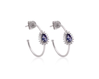 Elegante pendiente de aro de oro de zafiro azul diamante baguette de 14k / pendiente de aro de diamantes deslumbrante / pendientes de oro natural / regalo para ella