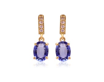 14k Gelbgold Diamant blauer Saphir Ohrring | Simulant Blauer Saphir Ohrringe | Natürliche Diamant Gold Ohrringe | Geschenk für sie
