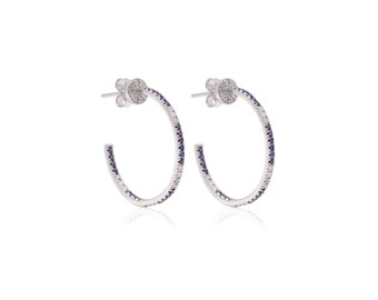 Elegant 14k White Gold Diamond Blue Sapphire Gold Hoop Earring | Ravishing Diamond Hoop Earring | Natural White Gold Earrings | Gift For Her