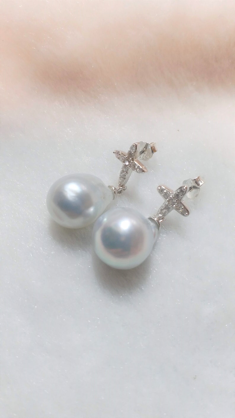 Handcrafted sterling silver stud earring white south sea water pearl earring with silver cross birthday gift-P378