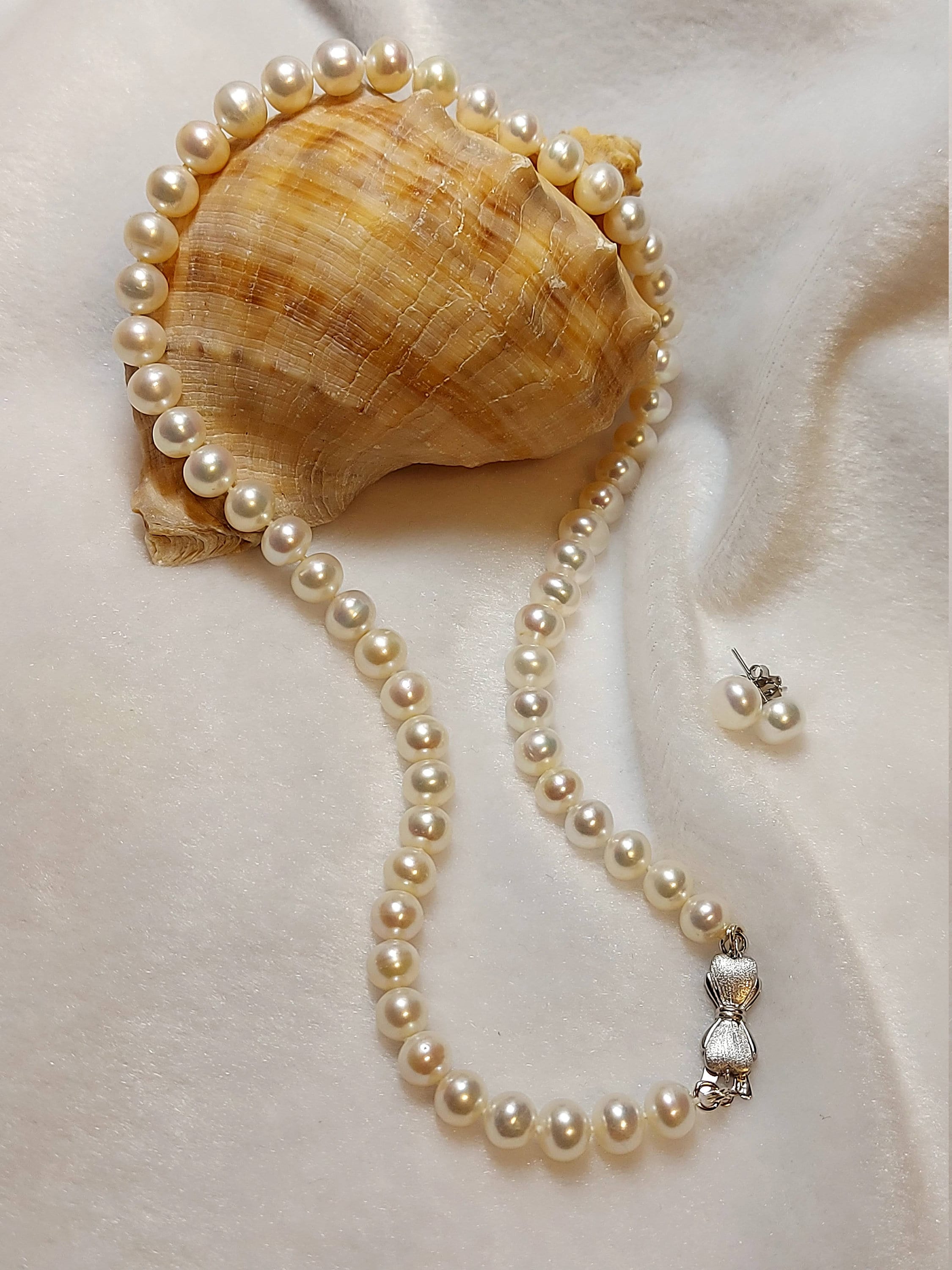 Hand Knotted Freshwater Pearl Necklace and Earrings - White Pearls