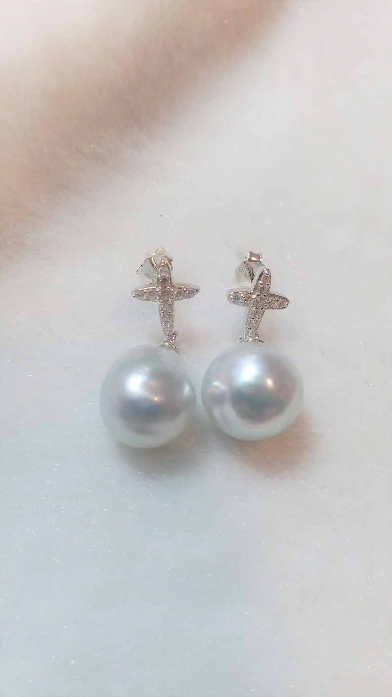 Handcrafted sterling silver stud earring white south sea water pearl earring with silver cross birthday gift-P378