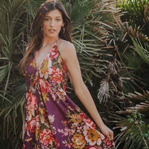 IBIZA Boho Summer Dress for women, Bohemian Style Floral Maxi dress, Purple Print Dress, Hippie Chic Dress