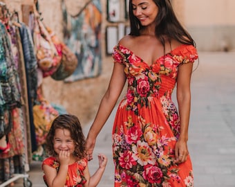 Orange Cotton Dress, Boho Summer Dress for Women, Bohemian Dress, Maxi Boho Dress, Boho Print Dress, Hippie Dress, Floral Fashion Dress