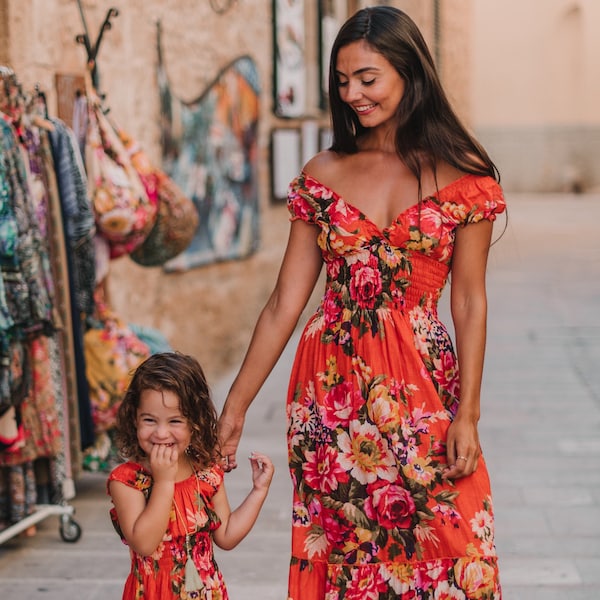 Orange Cotton Dress, Boho Summer Dress for Women, Bohemian Dress, Maxi Boho Dress, Boho Print Dress, Hippie Dress, Floral Fashion Dress