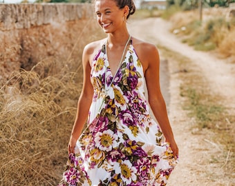 Katoenen maxi-jurk, witte bloemenjurk, Boho lange katoenen mouwloze halter sexy jurk, kerstcadeau voor vrouwen cadeau, IBIZA JURK