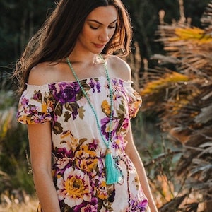 White Purple Floral Short Cotton Summer Dress , boho dress  , short dress ,beach dress, tunic dress, vacation dress, CALI SUMMER DRESS
