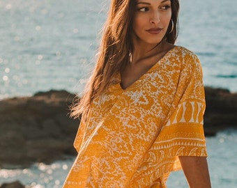 Yellow Paisley Boho Silky Summer Short Dress, holiday beach dress, resort wear, comfortable, elegant women dress with sleeve HONOLULU DRESS