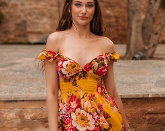 Boho Floral Long Dress, Christmas Gift for Her, romantic long flower dress for women, floral cotton maxi dress, THAILAND DRESS
