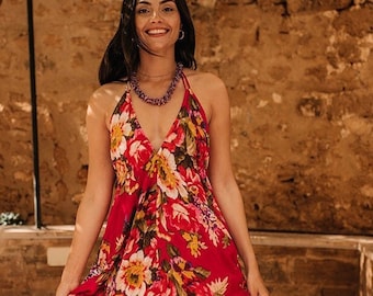 Cotton Maxi Dress, Red Floral Maxi Dress, Bohemian Long Cotton Sleeveless Halter Sexy Dress, Christmas Gift for women Gift, IBIZA DRESS