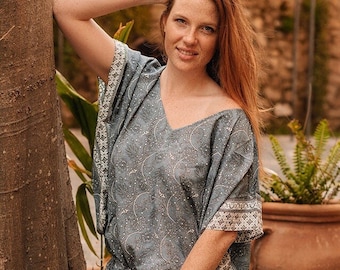 JENNY Silver boho silky short dress, summer dress, beach cover up, resort wear