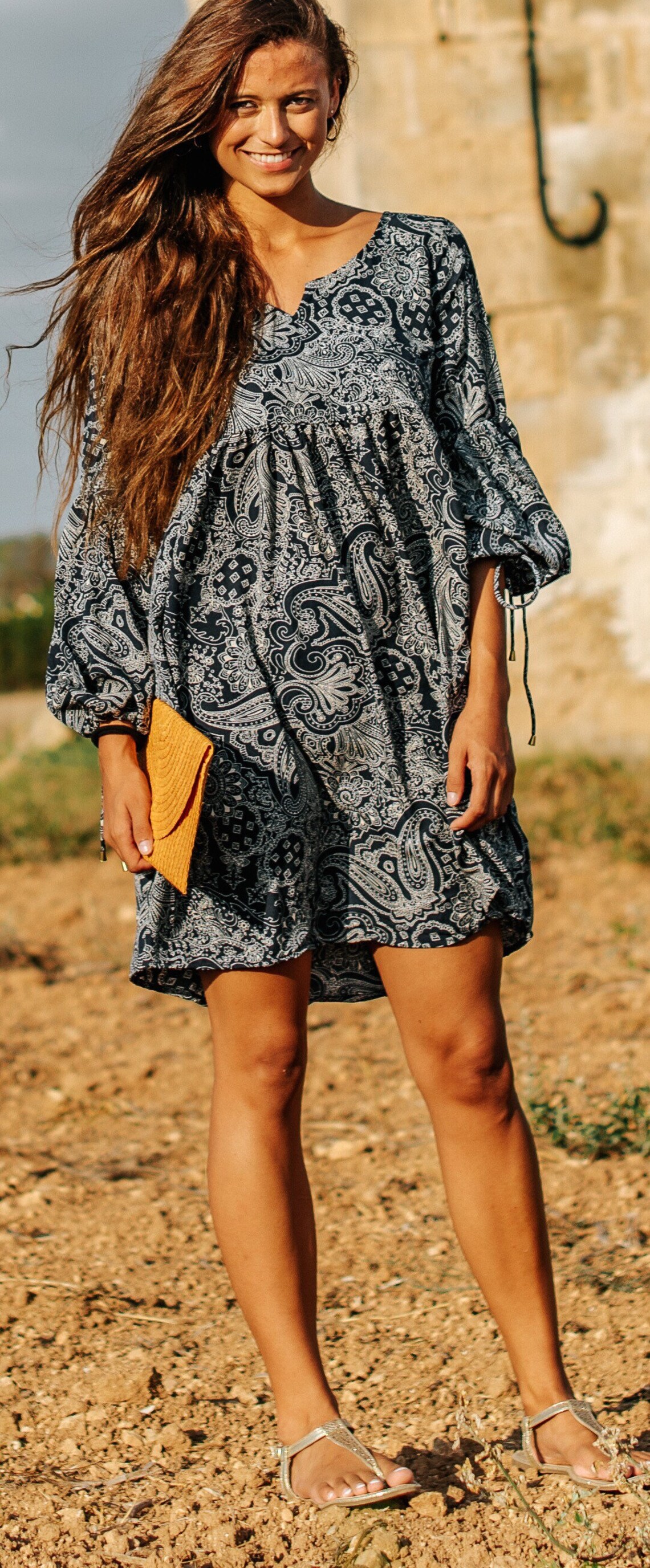 Blue Navy Boho dress short dress with long sleeves summer Etsy