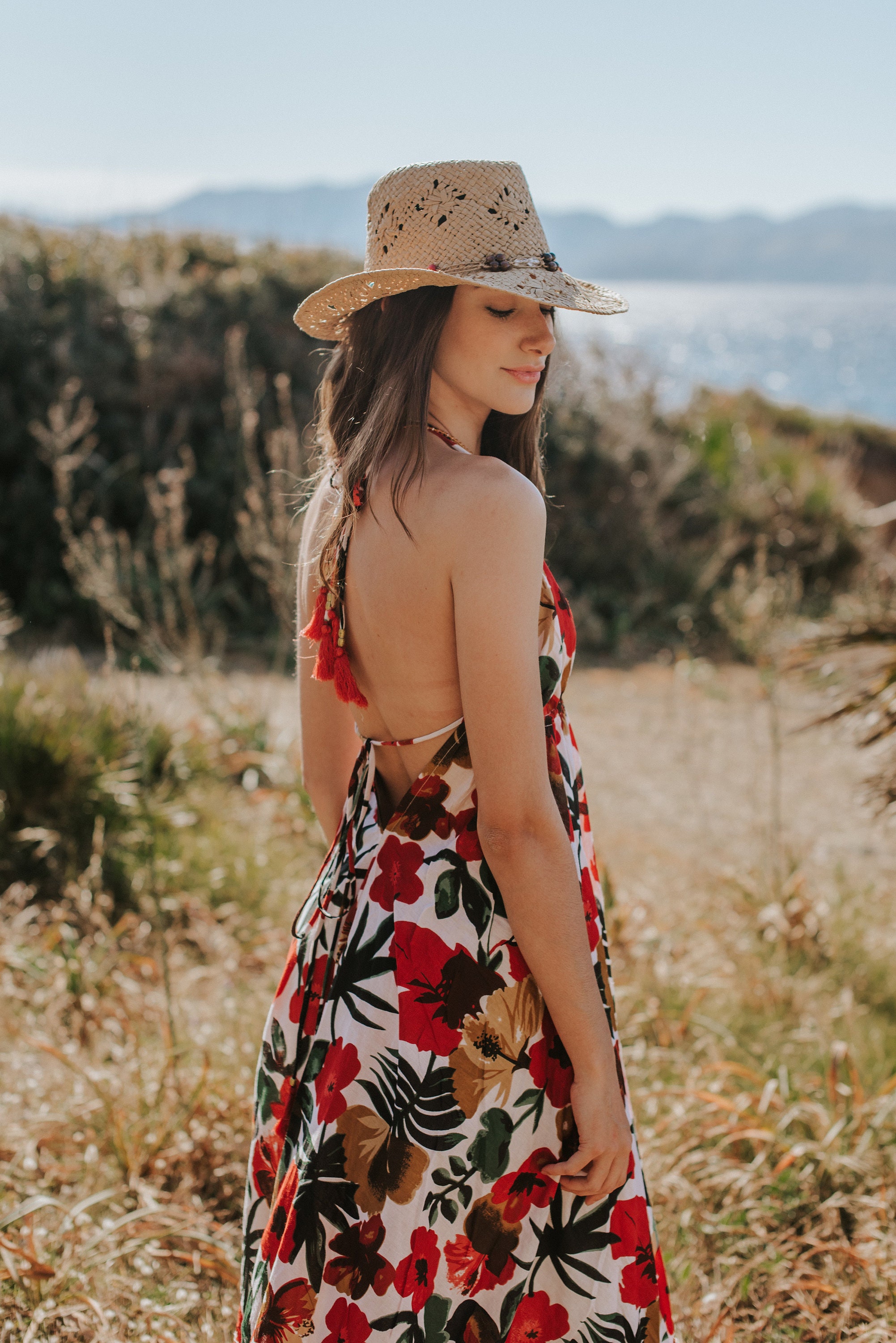 WHITE FLORAL MAXI Dress, Backless Dress, Open Back Full Length Summer Maxi  Halter Romantic Dress for Women Gift