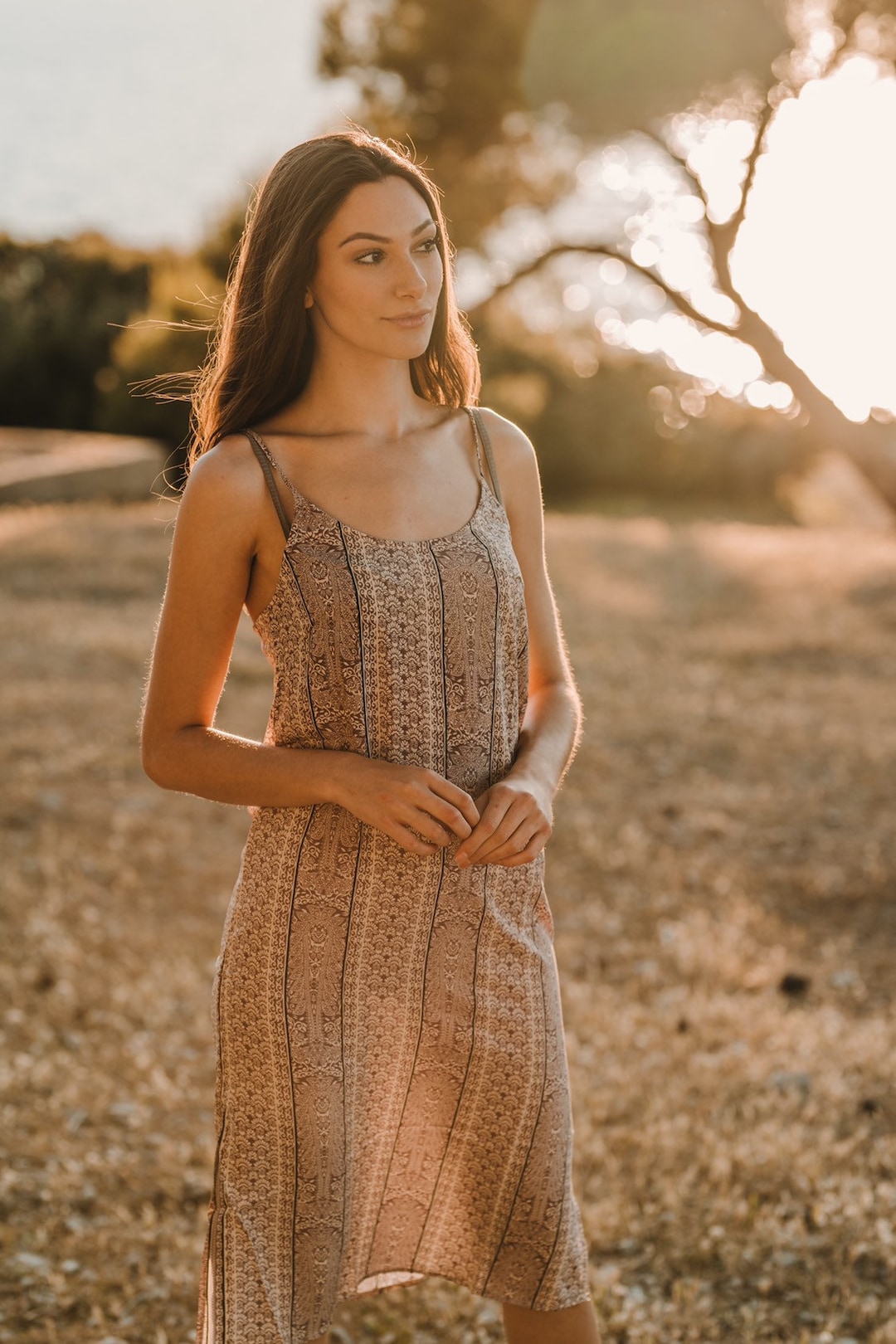 bohemian midi dress Organic Cotton Boho Summer | Handmade Beige mid length fit Boho Tides Paisley Printed Midi