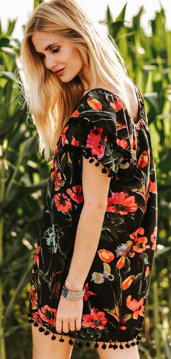 black dress orange flowers Kerry Layered Angel Sleeve Dress Black/Orange Flower