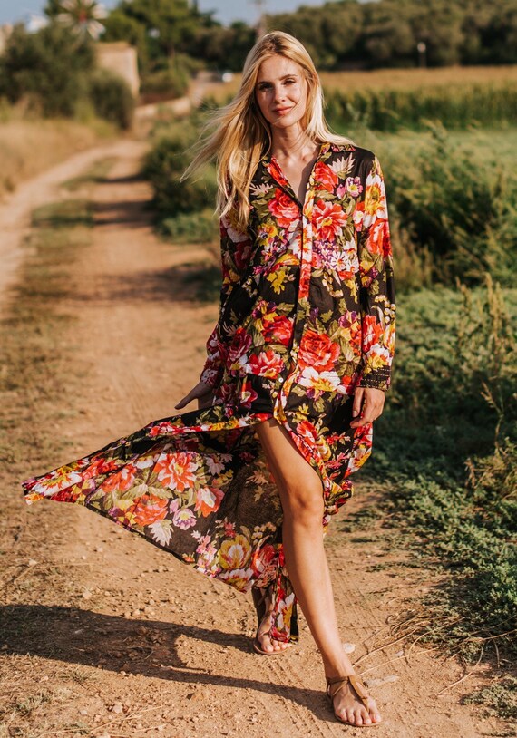 Black Boho Floral Cotton Long Dress 