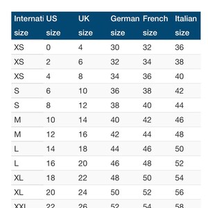 May include: A size chart titled "European Size Chart for Women" with size conversions for US, UK, German, French, and Italian sizes. The chart includes sizes from XS to XXL, with corresponding numerical values for each sizing system.
